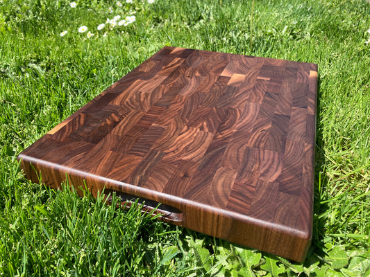 walnut end grain cutting board with handles, black walnut butcher block, American Walnut cutting board