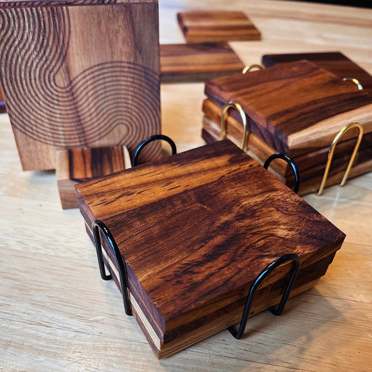 teak wood coasters, artisan wood coaster set, handmade teak coasters, premium wood coasters, teak coasters with stand