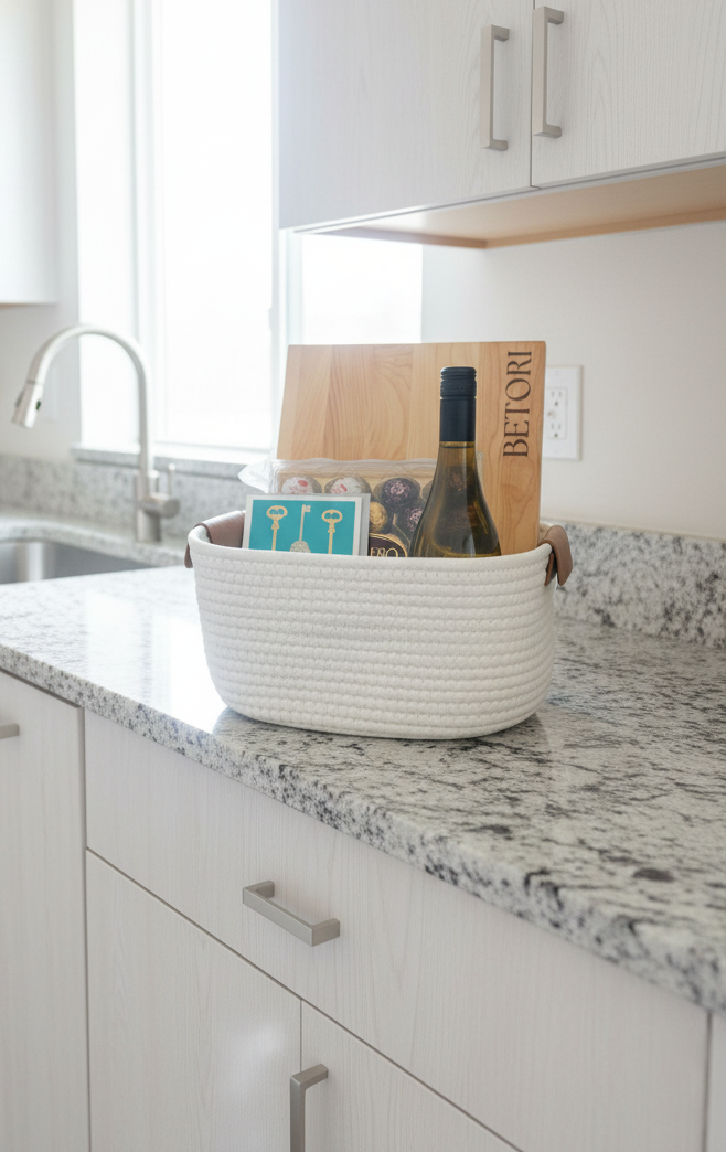 Personalized cutting board in a gift basket with a bottle of wine