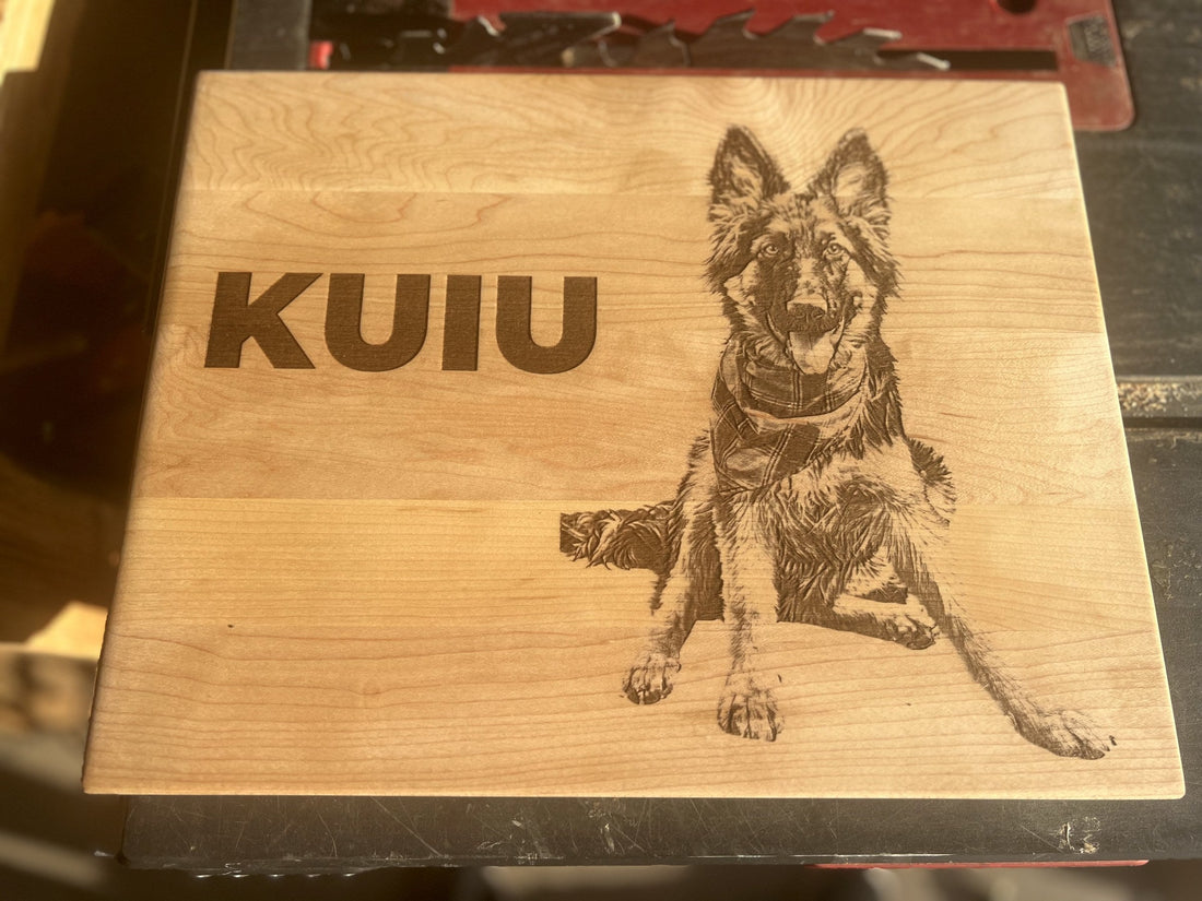 Wood cutting board custom engraved with a dog portrait from a customer photo