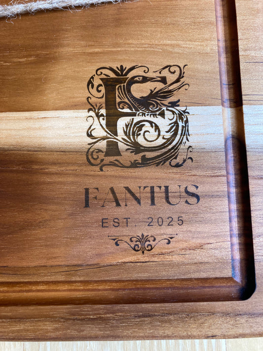 Close-up of engraving on a custom cutting board