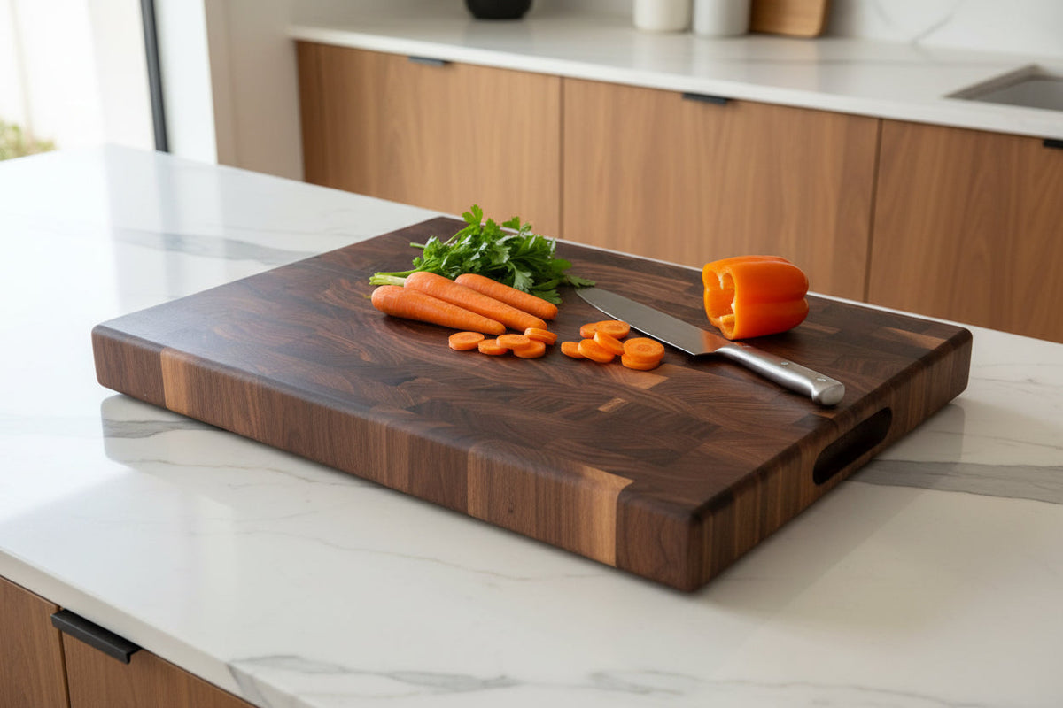 Another view of the black walnut end-grain butcher block included in The Butcher Block Gift Set