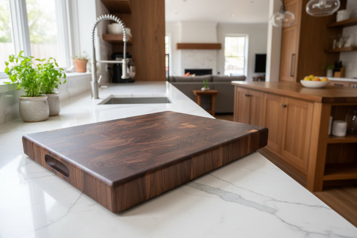 Black walnut end-grain butcher block, the personalized block included in The Butcher Block Gift Set