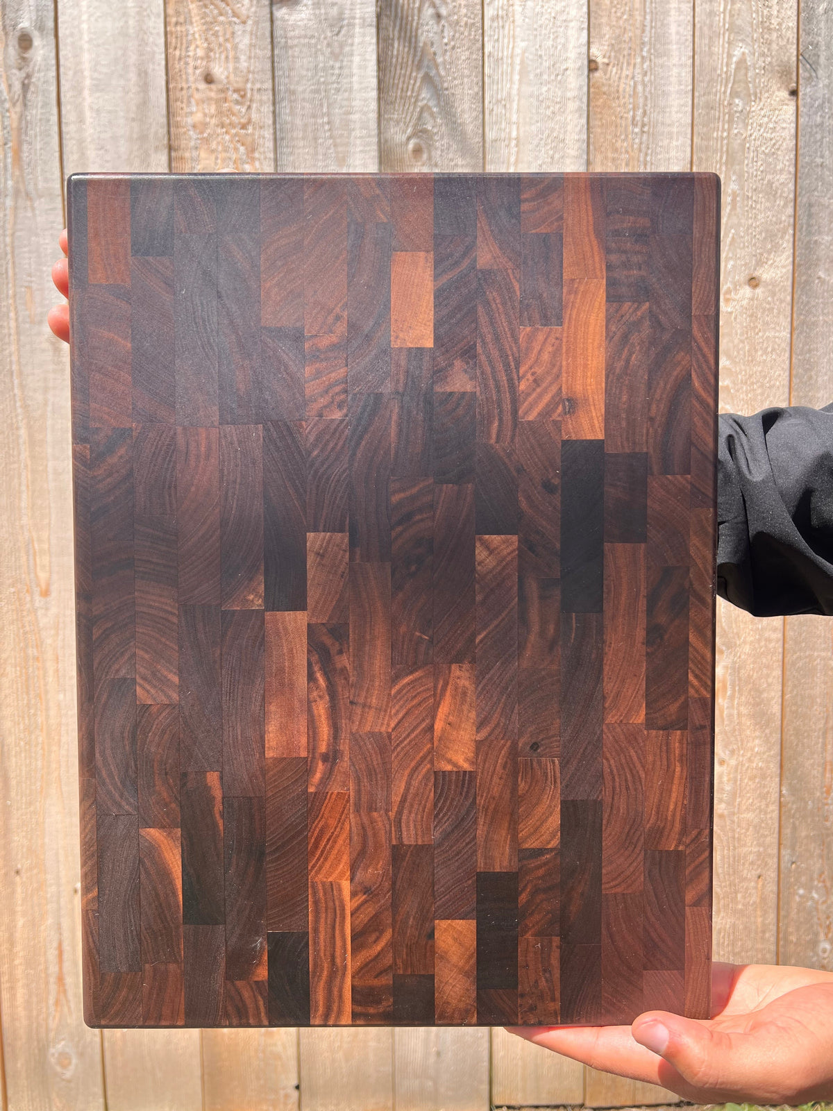 Black walnut end-grain surface of the butcher block included in The Butcher Block Gift Set