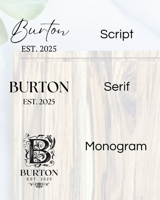 The three engraving styles offered on every board: script, serif, and ornate monogram