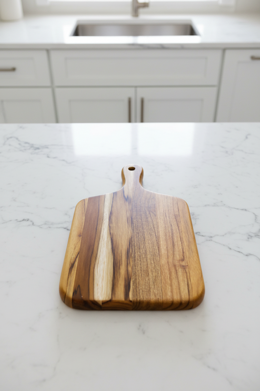 Handmade teak paddle cutting board with handle