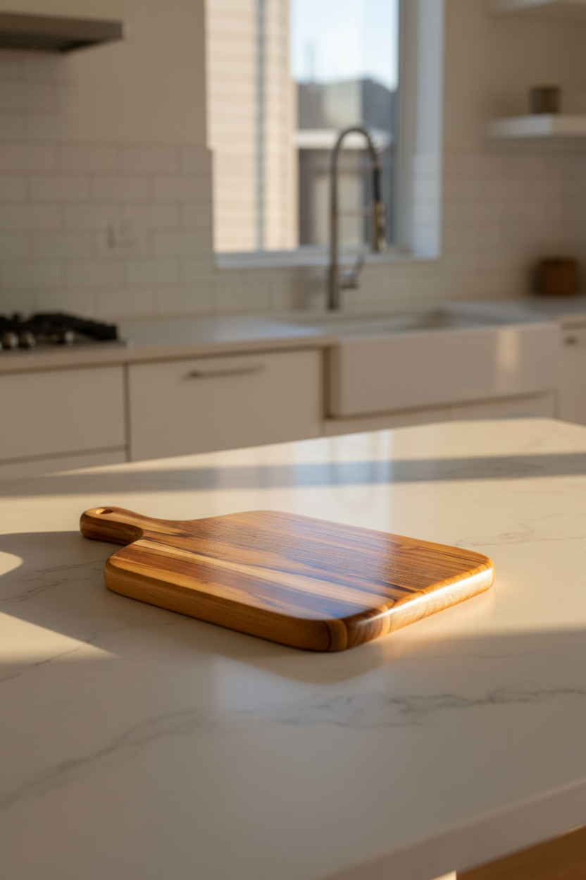Teak paddle serving and cutting board, alternate view