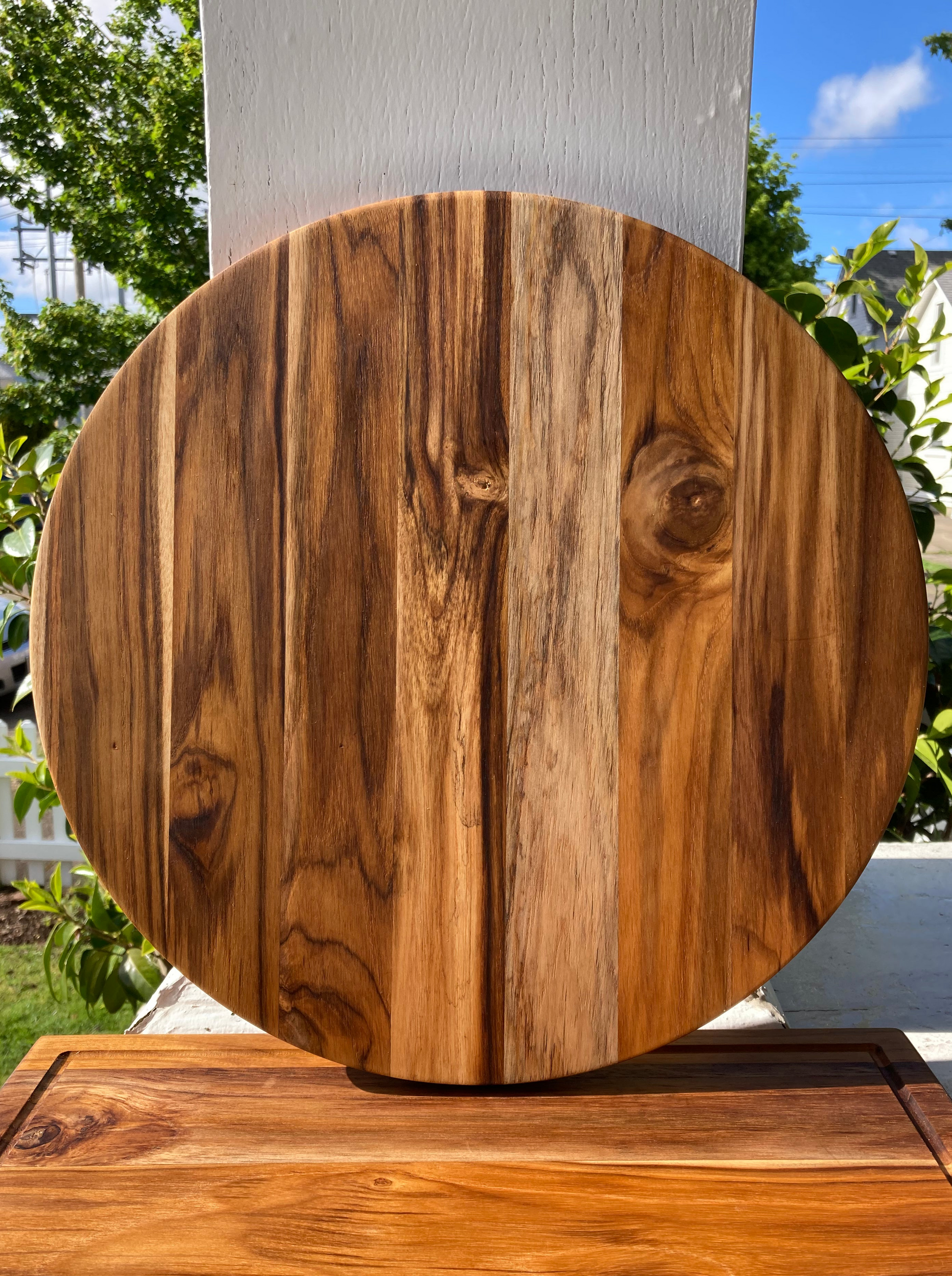 artisan teak cutting board, butcher block cutting board, round wood cutting board